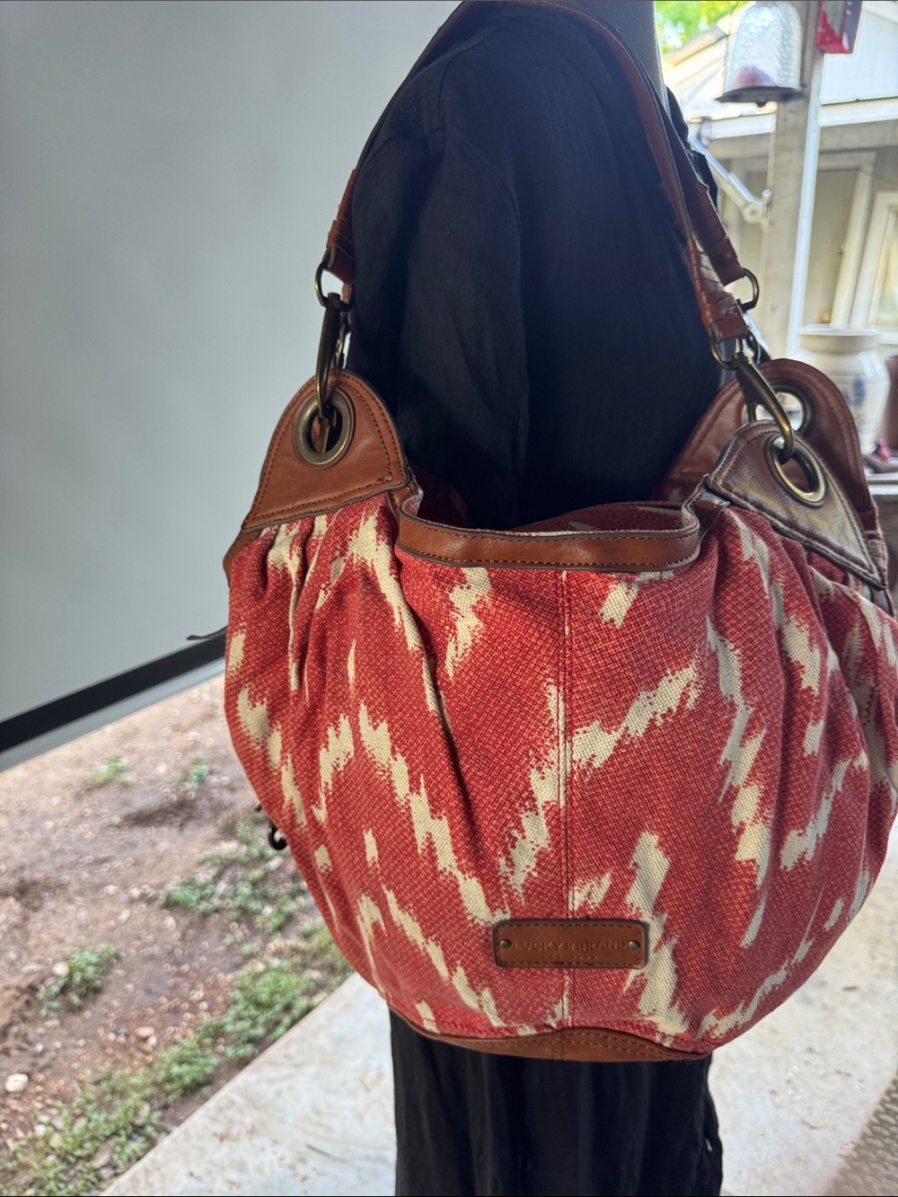 Lucky Brand Red and Cream Ikat Shoulder Bag with Brown Trim